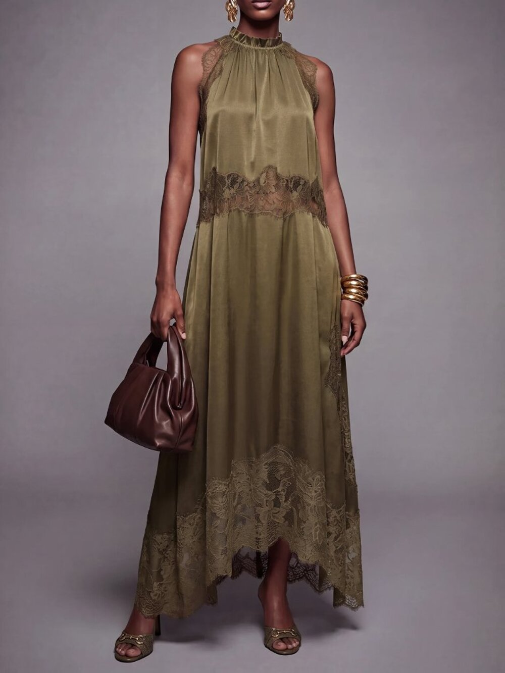 Dark Green Elegant Women's Lace Patchwork Split Hem Dress